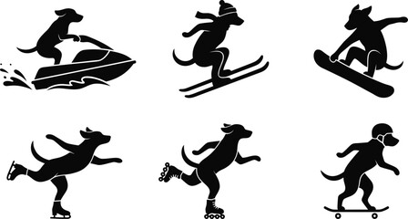 Dog Water Sports Silhouette Vector Set &ndash; Surfing, Windsurfing, Kitesurfing, Snorkeling, Scuba Diving, and Swimming Illustration