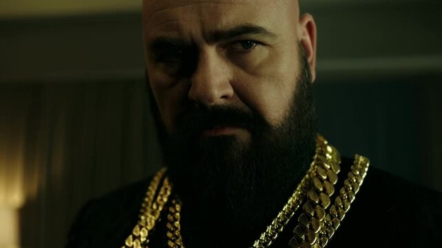A stylish bald man with a beard, wearing multiple gold chains, exudes luxury and wealth in a dark setting. Mexican cartel