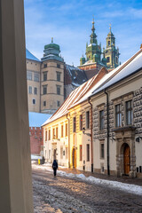 Wawel castle and Wawel cathedral from Kanonicza street on the winter day, Krakow, Poland