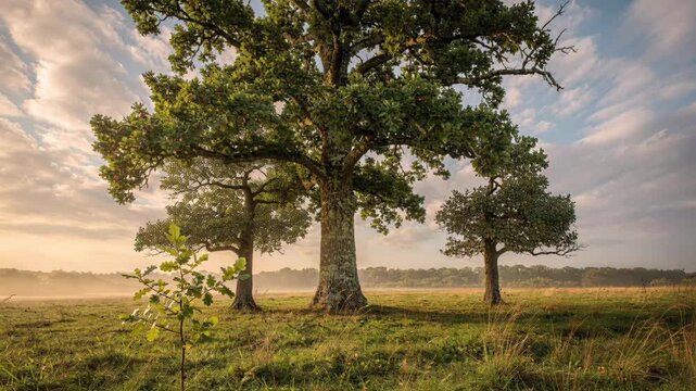 Majestic oak tree family in peaceful green field at sunrise. Serene misty landscape with warm golden light, feeling of hope and new growth