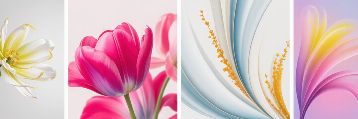 Obraz premium Blurred spring flowers set. Macro flowers. White, pink, blue soft colors. Blurry landscape with plants. Design for card, invitation, cover, post. Place for text.