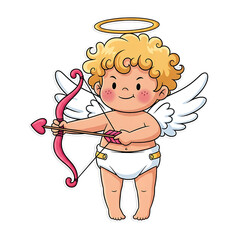 Obraz premium Little cupid angel character with pink bow and arrow shooting hearts