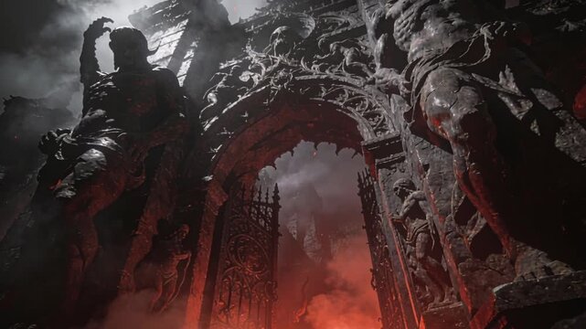 Massive intimidating stone gate to hell entrance, dark fantasy portal guarded by evil demonic statues in fiery tormented underworld scene