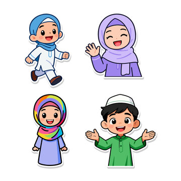 Cute Muslim Kids Sticker Style Illustration