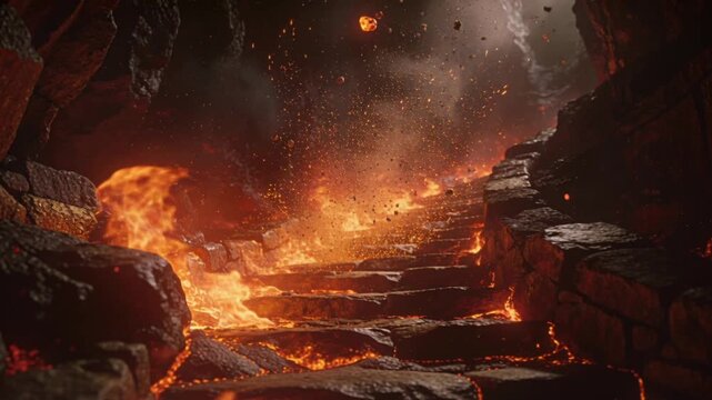 Dramatic flaming stone stairs descending into dark hellish underworld. An infernal pathway through fiery volcanic cave with burning fire