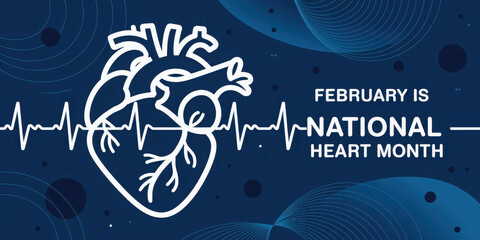 National heart month poster with anatomical heart shape and heartbeat line - banner, vector illustration 
