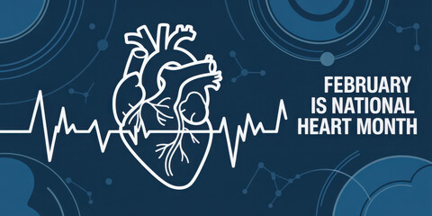 National heart month poster with anatomical heart shape and heartbeat line - banner, vector illustration 
