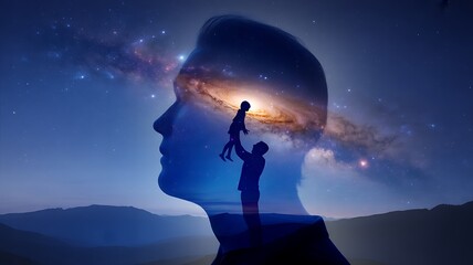 Father and child silhouette in galaxy head profile, starry night sky, parental love and universe concept