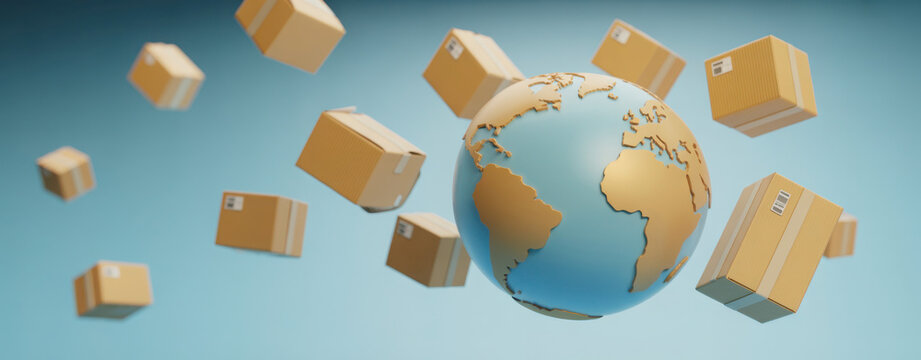 Global shipping delivery cardboard box earth logistics worldwide transport parcel distribution export import freight cargo postal courier fast 
