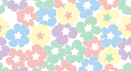 A delightful seamless pattern of soft pastel colored flowers with charming star centers
