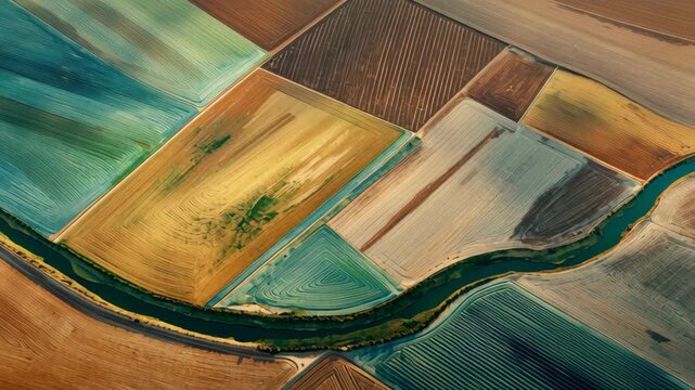 Aerial View of Farmland and River - A Patchwork of Agriculture.