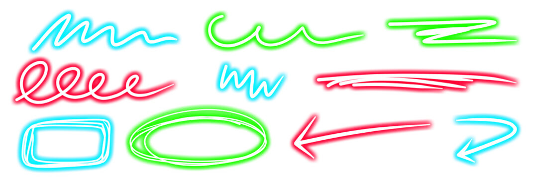 illustration: neon light drawn scribbling and doodle elements in glowing red, blue and green isolated on white or transparent png
