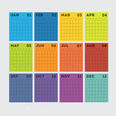 A colorful calendar with twelve months displayed in a grid layout