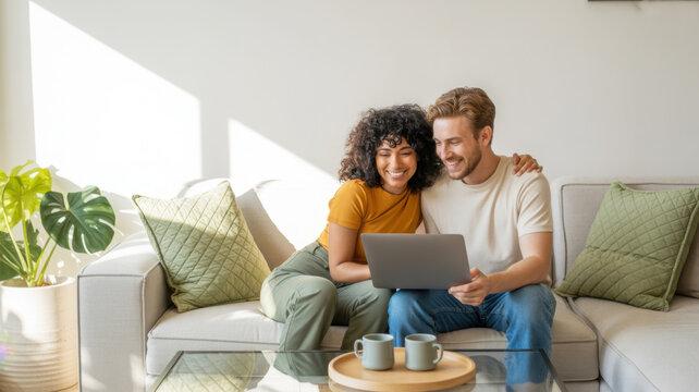 Multiracial young couple watching computer laptop sitting on the sofa at home - Happy diverse husband and wife using pc online services - Technology life style concept