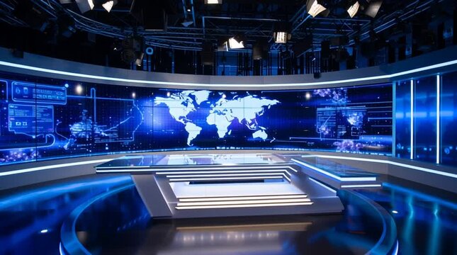 Modern TV news studio with empty anchor desk centered and large LED video wall displaying abstract world map graphics. Cool blue lighting creates a cinematic broadcast atmosphere.
