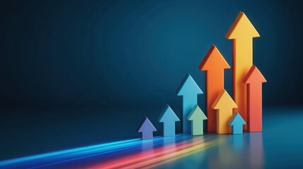 Colorful upward arrows on a dark background representing growth, success, progress, and development in a dynamic business environment 
