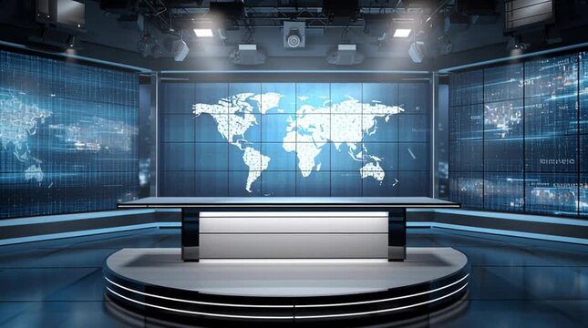Modern TV news studio with empty anchor desk centered and large LED video wall displaying abstract world map graphics. Cool blue lighting creates a cinematic broadcast atmosphere.
