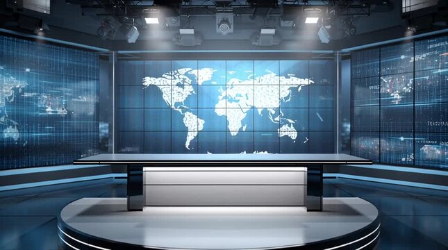 Modern TV news studio with empty anchor desk centered and large LED video wall displaying abstract world map graphics. Cool blue lighting creates a cinematic broadcast atmosphere.
