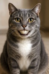 Gray Cat With a Big Grin, goofy smile with large human teeth.