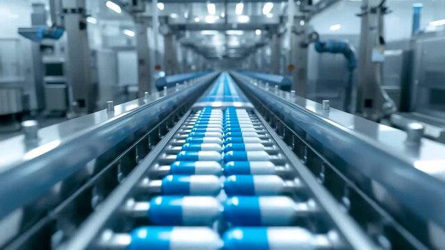 Automated factory conveyor system moving blue packaged products through clean industrial production facility with precision machinery and depth