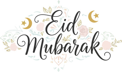 Obraz premium Luxury Eid Mubarak Banner with Gold Crescent Moon and Pink Rose Illustrations