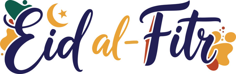 Obraz premium Modern Eid al-Fitr Greeting Typography with Vibrant Abstract Shapes and Crescent Moon Design