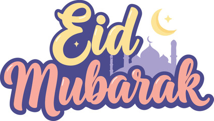 Obraz premium Eid Mubarak Colorful Typography with Mosque Silhouette and Crescent Moon for Islamic Holiday Celebration