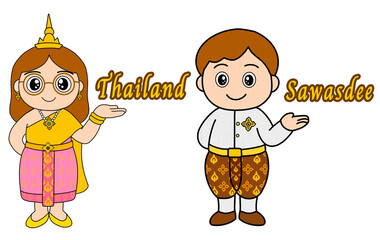 Cute cartoon illustration of Thai man and woman wearing traditional costumes, smiling and greeting with sawasdee gesture, representing Thai culture, heritage, and warm welcome.