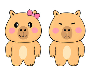 Adorable hand drawn capybara cartoon characters showing cute emotions, playful style, soft colors, suitable for stickers, kids design, and creative backgrounds.