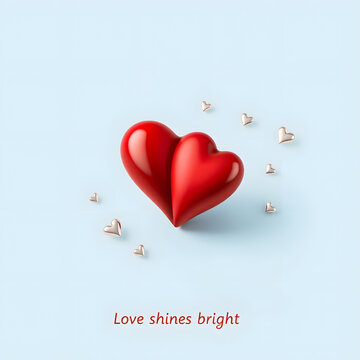 AI Love Snines Bright. Two red hearts in isometric view leaning together with highlights and shadows, surrounded by small silver sparkling hearts, text Love Snines Bright below.