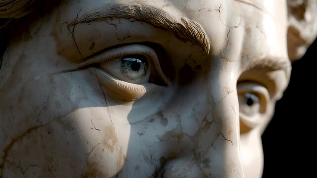 Marble statue face with detailed eyes and weathered stone texture, classical sculpture craftsmanship, dramatic lighting, and museum style realism