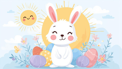 A cute cartoon bunny surrounded by colorful Easter eggs and flowers in a sunny meadow