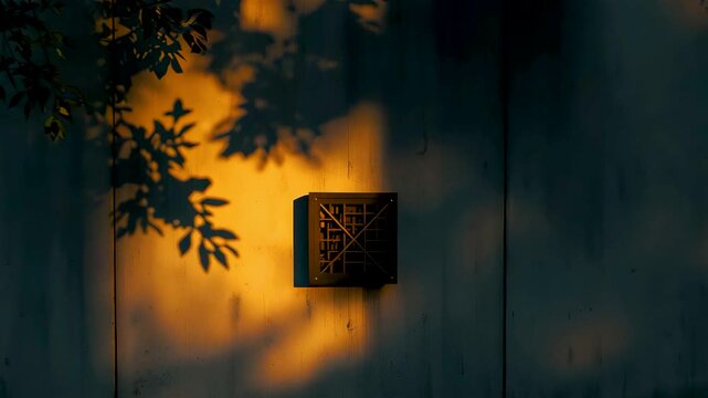 Warm wall lamp casting soft golden light and leaf shadows on textured surface, calm evening mood, minimalist exterior design detail