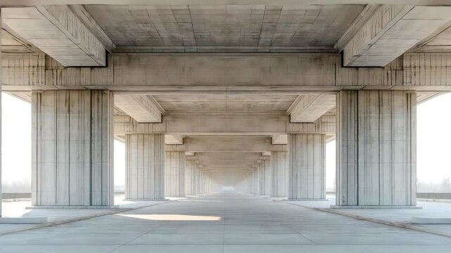 Concrete underpass architecture with symmetrical pillars, open corridor depth, daylight shadows, raw textures, and modern urban infrastructure