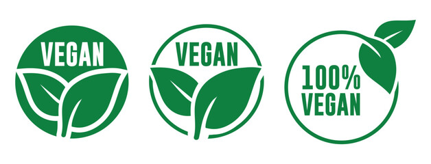 Vegan and 100% Vegan Food Labels and Badges Vector Set &ndash; Plant-Based Certification Icons	
