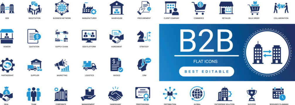 B2B Solid Icon Set Business, Corporate, Partnership, Networking, Strategy, Collaboration, Wholesale, Industry, Deal Professional Vector Set Editable
