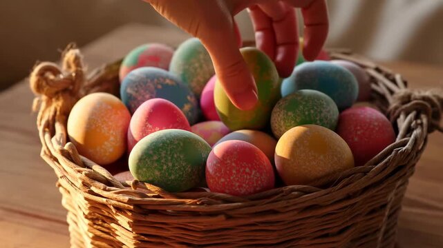 Colorful Easter eggs in rustic wicker basket with soft morning sunlight, spring tradition celebration