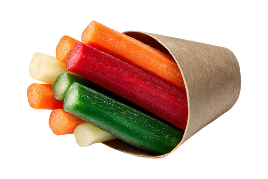Assortment of Fresh Cut Vegetable Sticks Served in a Brown Paper Cone