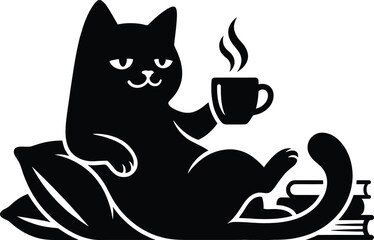 Cartoon Cat Drinking Coffee Silhouette Vector &ndash; Relaxed Feline with Mug Illustration