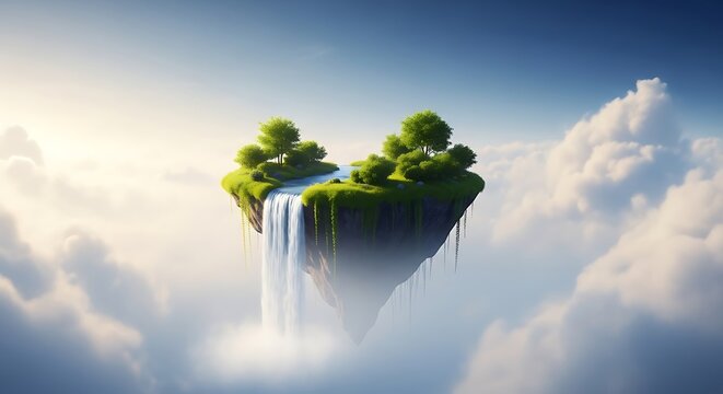 A breathtaking floating island, adorned with lush green trees and a majestic waterfall, majestically drifts above a sea of soft, ethereal clouds under a warm sky.
