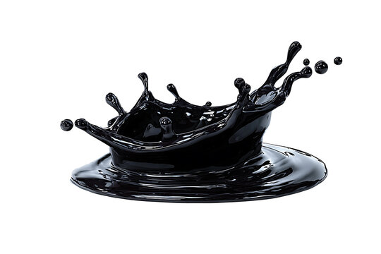 Black oil crown splash on liquid surface with glossy droplets isolated on transparent background for industrial petroleum energy advertising