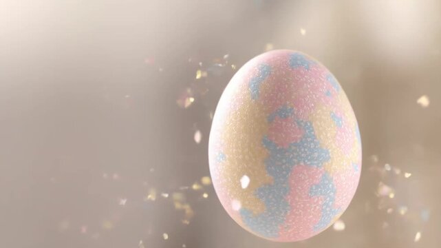 Pastel Easter egg slowly falling with sparkling confetti in soft slow motion