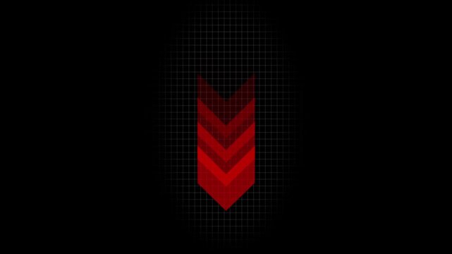 Minimalist red colored designed down arrow doing direction digital information. The transparent with pointing arrow icon direction on black background.