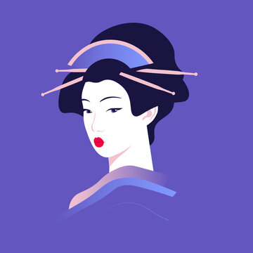 Stylized portrait of a Japanese woman, wearing a kimono,  inspired by traditional culture. Minimalist flat vector illustration with clean shapes, elegant lines, and calm contemporary aesthetic.