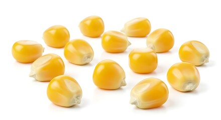 Fototapeta premium A collection of golden yellow kernels of dried corn on a white surface