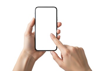 Hands holding a modern smartphone with a blank white screen for mockup display