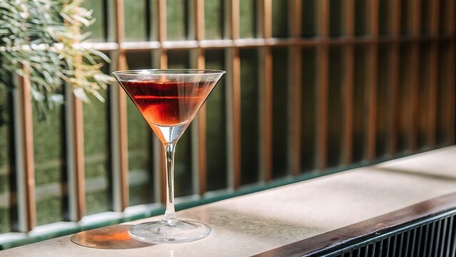 C&oacute;ctel Manhattan en copa de Martini con fondo naranja, Copa de Martini con trago rojo sobre