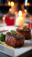 perfectly cooked steak dinner for two, romantic valentine table setting, warm candle lighting