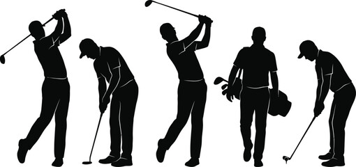 Male Golf Player Silhouette Vector Set &ndash; Golfer Swing and Putting Pose Illustration