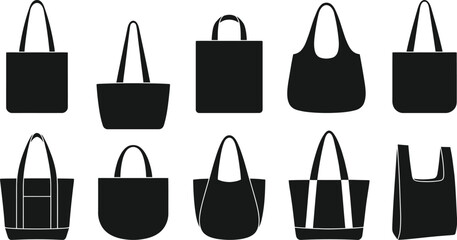 Black Tote Bag Silhouette Vector Set &ndash; Reusable Shopping and Fashion Accessory Illustration